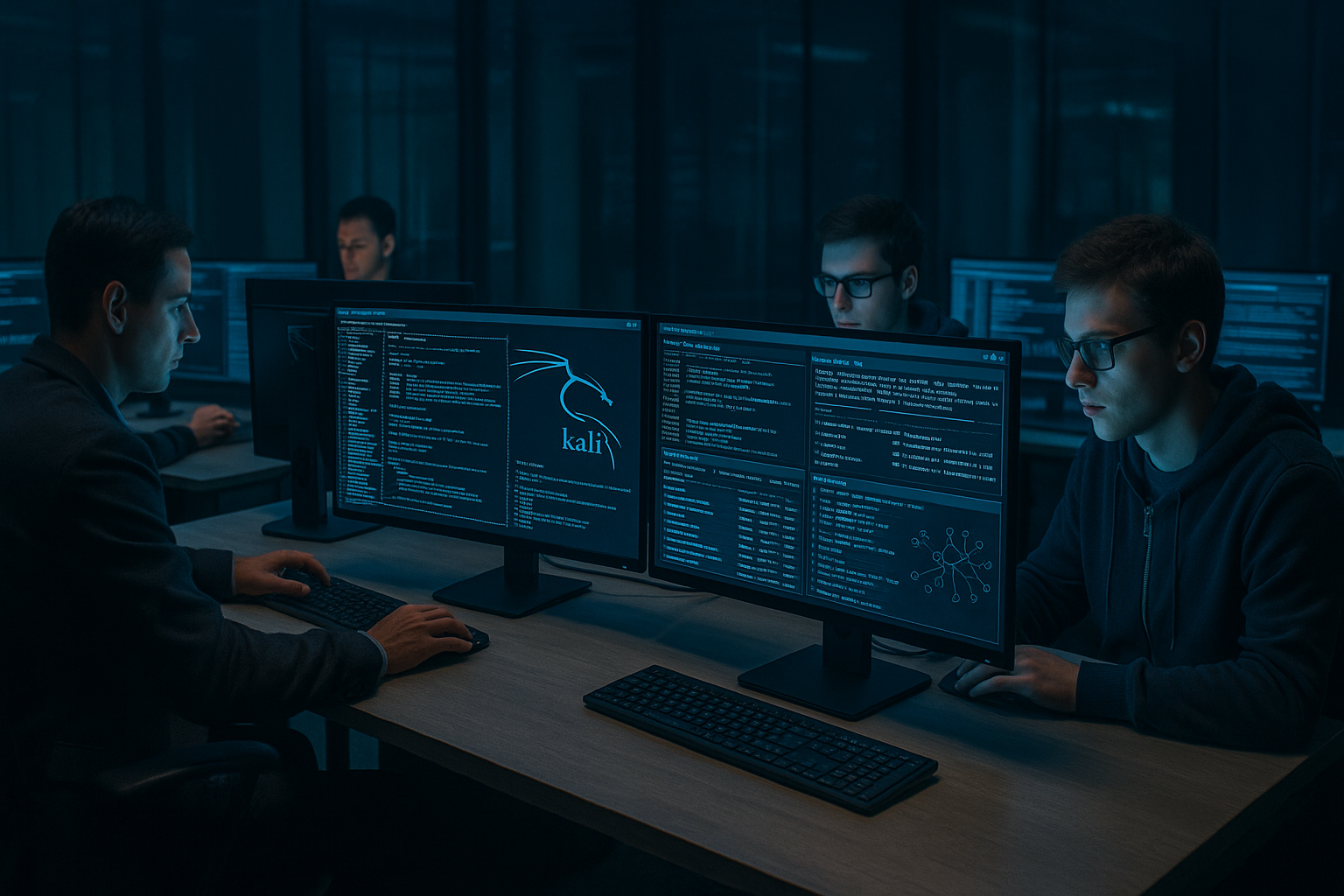 Cybersecurity team performing penetration testing in a modern SOC office